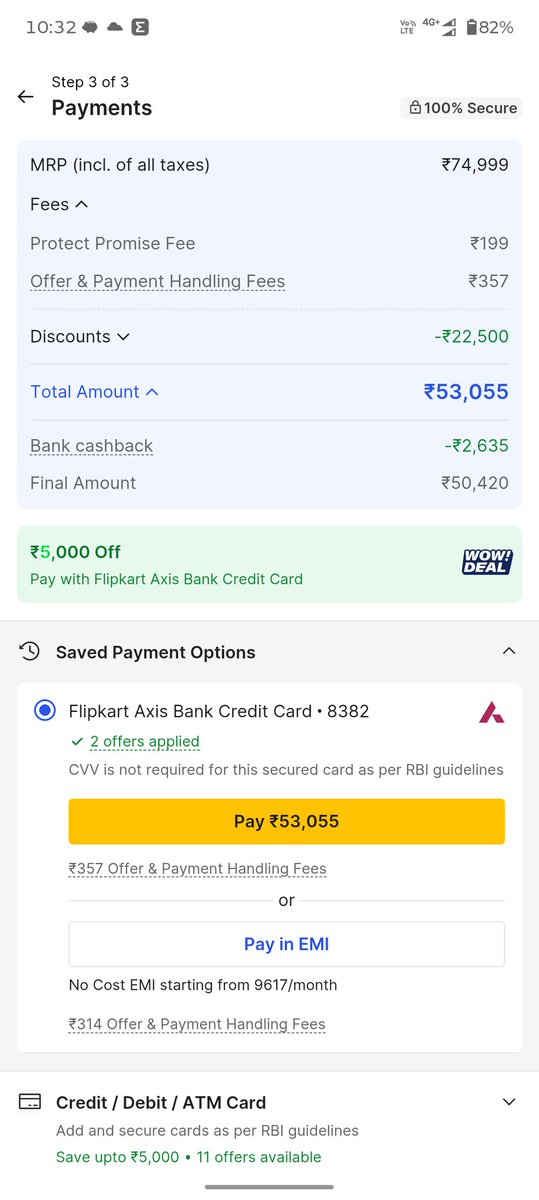 S_eFctd_M's tweet photo. @flipkartsupport , Can you explain these additional charges?
On a ₹5000 offer/purchase, I'm seeing:
- Promise Protect Fee - 199
- Offer Handling Fee - 199
- Payment Processing Fee - 158

Thats 556 in additional charges, more than 11% of the 5000 value. 1/n https://t.co/to8LVpAFeN