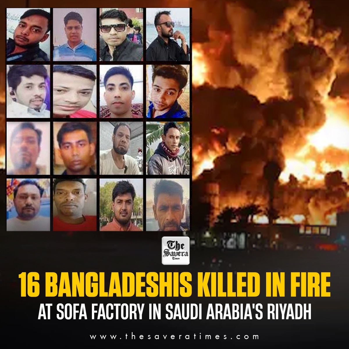 thesavera_times's tweet photo. 16 Bangladeshis killed in fire at sofa factory in Saudi Arabia's Riyadh
#bangaldeshiskilled #fire #sofafactory #saudiarabia #riyadh #news https://t.co/go5PBrj6Nz