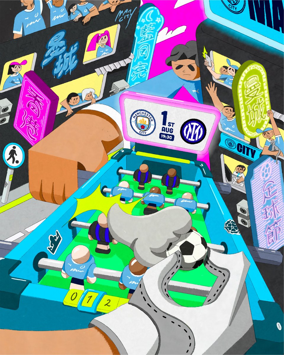 ManCity's tweet photo. A look back on our special pre-season tour poster series, where we teamed up with illustrators from Manchester, Hong Kong and Seoul 🩵

Thank you to artists Florence Burns, Toy Shop Boy and Jisu Choi 🎨✈️ https://t.co/l98DnUWeP2