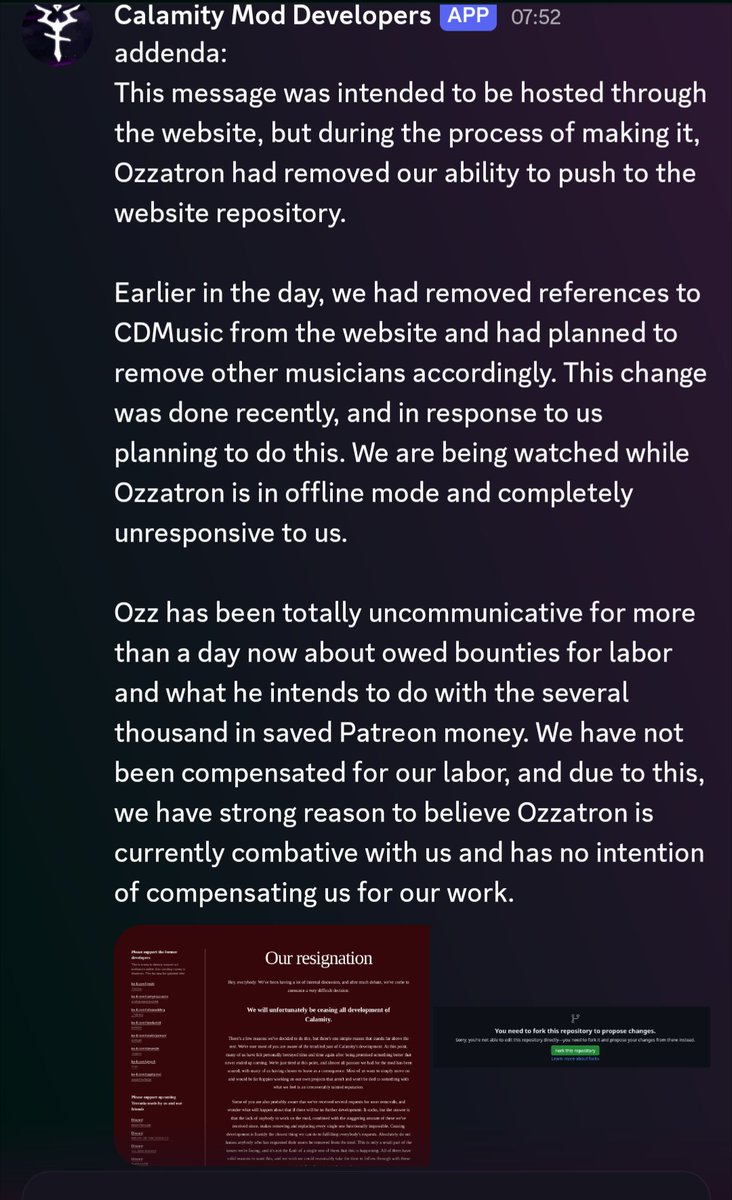 Blacephalussy's tweet photo. Btw Ozzatron (Second owner of Calamity who got outed as a pedophile) seems to be trying to fight the calamity devs for some reason, preventing them from putting their resignation letter on the website + withholding the patreon money from the devs https://t.co/RpVeECs1tl