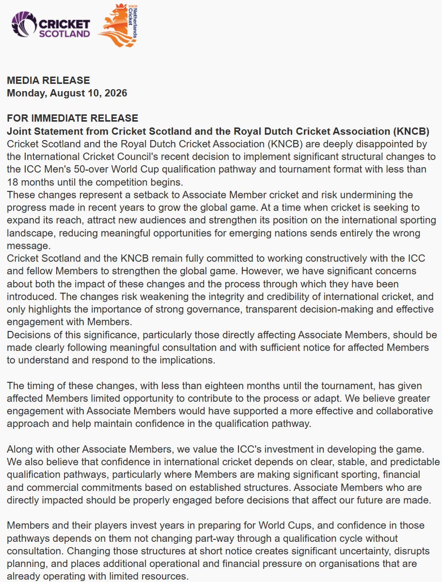 BdJcricket's tweet photo. So a belated statement today from the KNCB and Cricket Scotland on the changes to the World Cup and the lack of process and consultation that lead up to it.
Notable that apparently none of the other ODI/HP boards signed on to it. https://t.co/F1SI6dsTeF