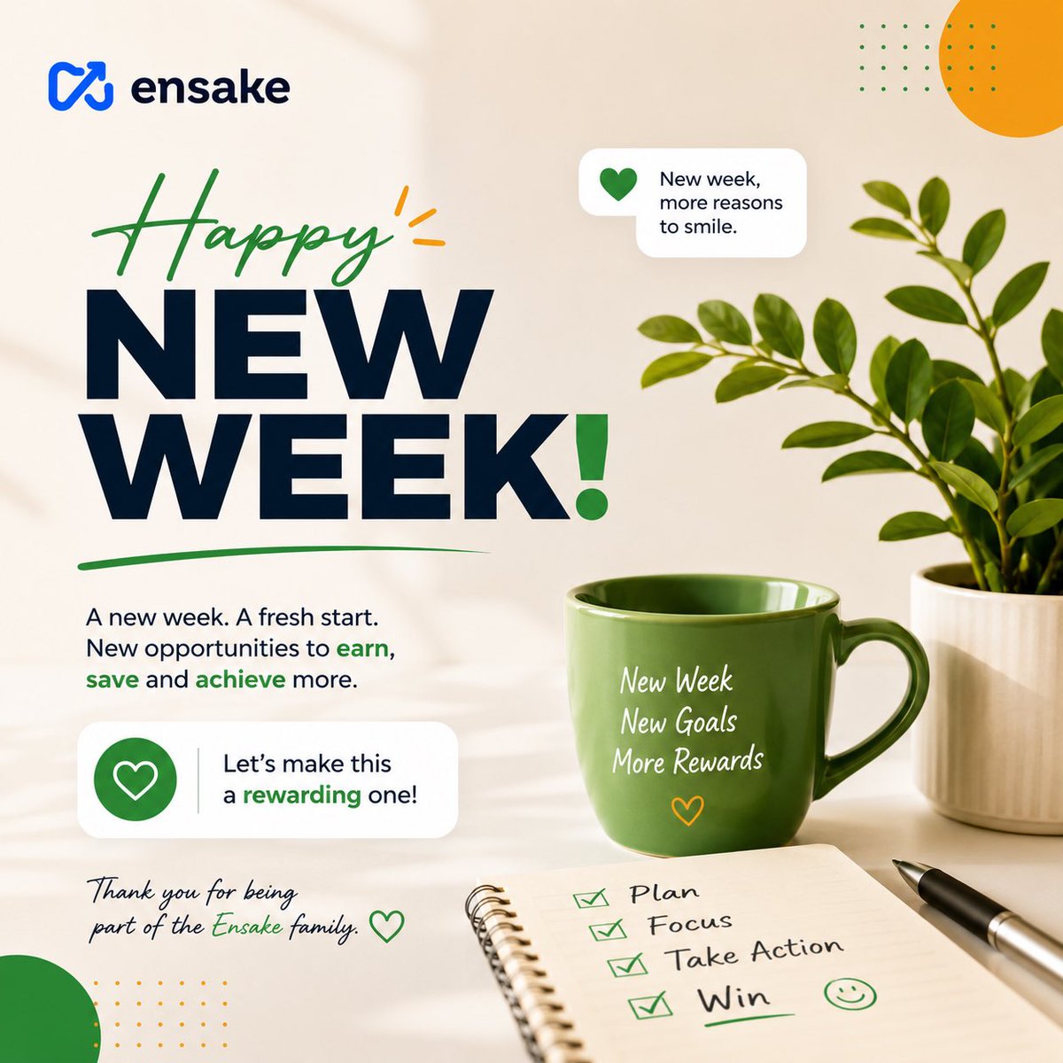 Ensakerewards's tweet photo. A new week means a fresh start, new goals, and more opportunities to win. ✨

Here’s to a productive, rewarding week ahead!
Let’s make it a rewarding one. 💚

#Ensake #HappyNewWeek #Rewards https://t.co/XcA985hkIh