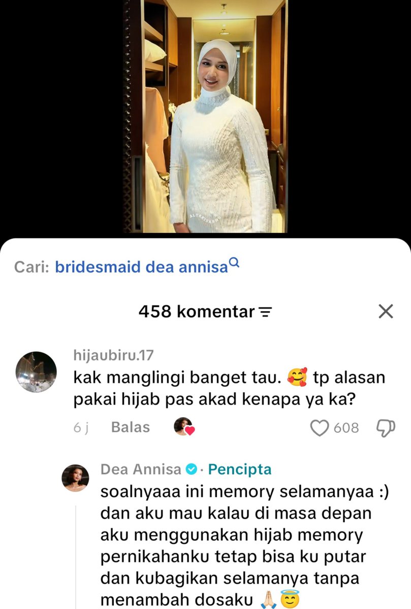 kamarlintang's tweet photo. Dea Imut ungkap alasan pakai hijab di pernikahan, padahal masih belum berjilbab di keseharian 🤔

Jadi, Dea emang kelihatan pakai hijab saat akad nikah & resepsi garden party.

Nah, ada netizen komen, " ... tp alasan pakai hijab pas akad kenapa ya ka?"

Dea jawab, "Soalnyaaa ini memory selamanyaa :) dan aku mau kalau di masa depan aku menggunakan hijab memory pernikahanku tetap bisa ku putar dan kubagikan selamanya tanpa menambah dosaku."