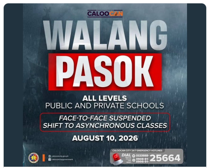HitomiKengo's tweet photo. 公立、私立とも臨時休校

In line with the recommendation of the Caloocan City Disaster Risk Reduction and Management Council (CCDRRMC) and as announced by Mayor Along Malapitan,
THERE WILL BE NO FACE-TO-FACE CLASSES
in ALL LEVELS on
📅 MONDAY, AUGUST 10, 2026
✅ Classes will continue through ALTERNATIVE DELIVERY MODE
Synchronous / Asynchronous
Teachers will send instructions and activities via our official class channels.
⚠️ Safety Reminder:
Please stay indoors and stay updated. Prioritize everyone’s safety

カロオカン市災害リスク軽減・管理協議会（CCDRRMC）の勧告に基づき、アロング・マラピタン市長が発表した通り、
対面授業は実施されません
全学年において
📅 2026年8月10日（月）
✅ 授業は「代替授業形式」で継続されます
同期型／非同期型
教員は、公式のクラスチャネルを通じて指示や課題を送信します。
⚠️ 安全に関する注意：
屋内に留まり、最新情報を確認してください。皆様の安全を最優先にしてください。

Synchronous [syn- "same" + chrono "time" + -ous (adj: full of, having)]
Asynchronous [a- (not)]
基礎的語源知識があれば和英辞典不要