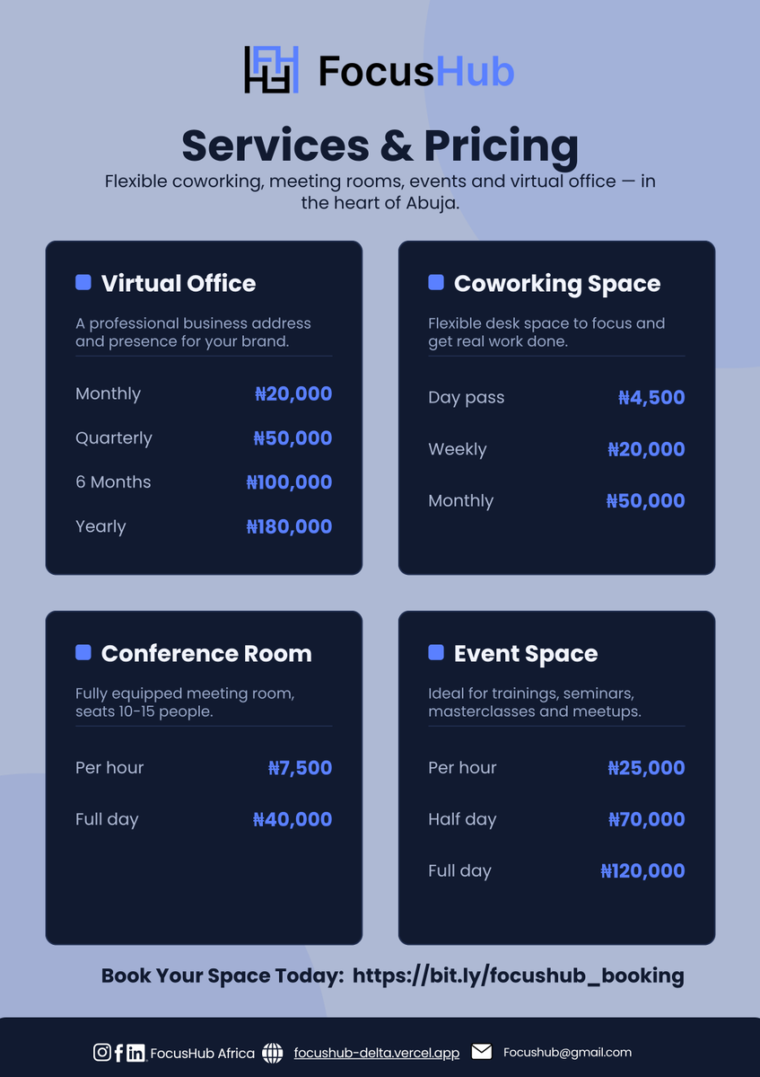 FocushubAfrica's tweet photo. Your next productive workday doesn’t have to cost a fortune.

From coworking desks and meeting rooms to virtual offices and event spaces, FocusHub offers flexible plans for every need and budget.

Work smarter. Grow faster.

Book now: https://t.co/Irbpaavt8l

#FocusHub #Coworking https://t.co/mkX85TLmJe