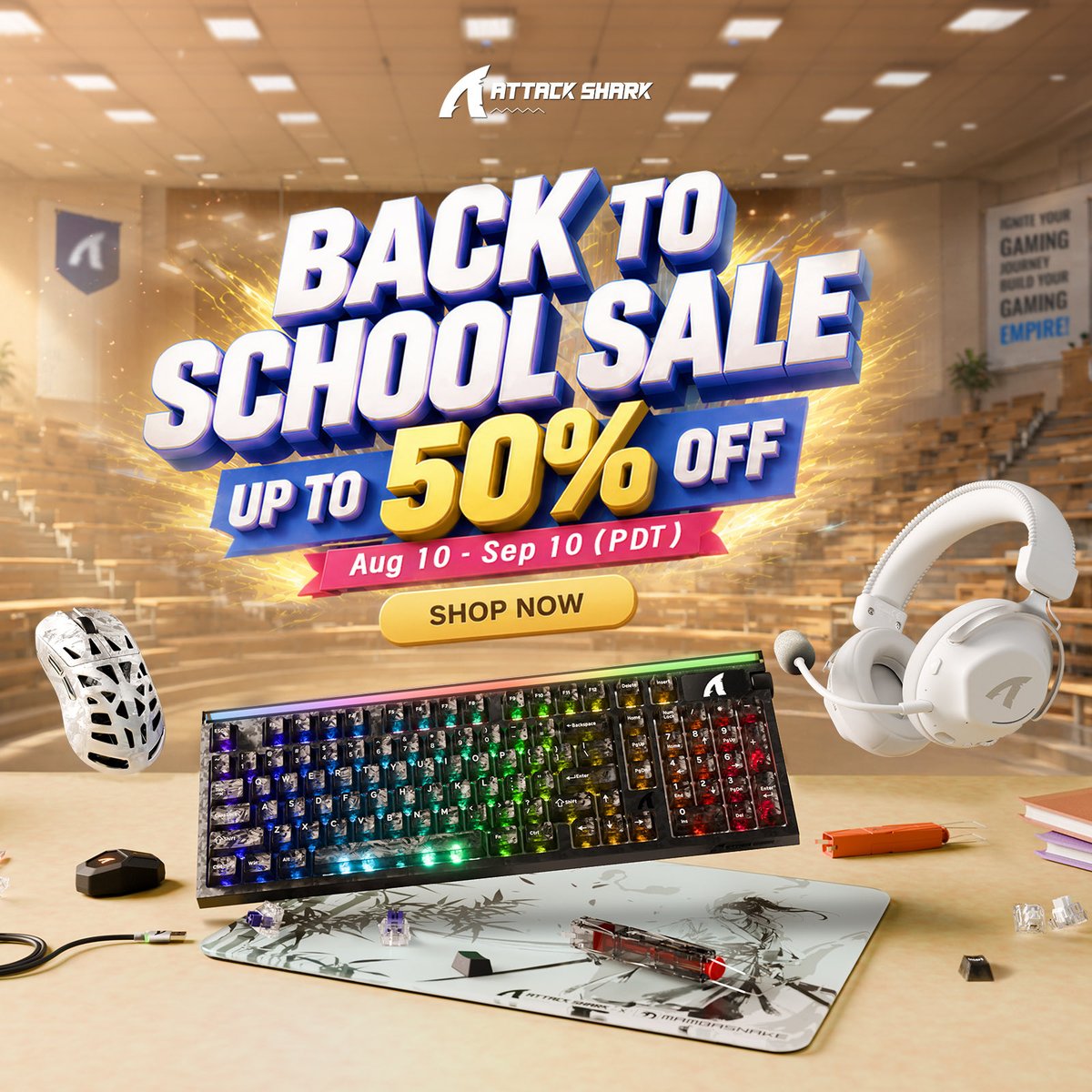 ATTACKSHARKUK's tweet photo. ATTACK SHARK Back-to-School Sale β Now Live!
Event Dates: August 10 β September 10, 2026 (PDT)
π Click the link to upgrade your gear this Back to School season!
π https://t.co/zDQC2voGJN
#ATTACKSHARK #BacktoschoolSale #GearUpgrade #SiteWideDeals #DoublePoints #GamingGear https://t.co/YbAQFyiUi3