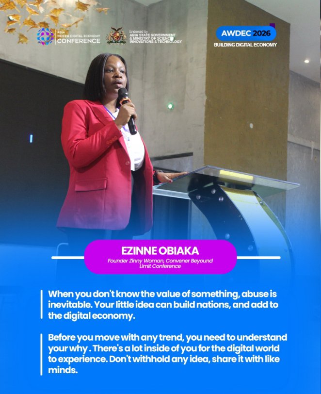 Abia_Web3Net's tweet photo. "Your little idea can build nations."_ — Ezinne Obiaka @AWDEC2026

Founder of Zinny Woman, Ezinne Obiaka challenged us to value our ideas, understand our WHY, and stop withholding what we carry from the digital economy.

Abia is building with intentional voices.

#AWDEC2026 #AbiaWeb3Conference
#ToGodBeTheGlory