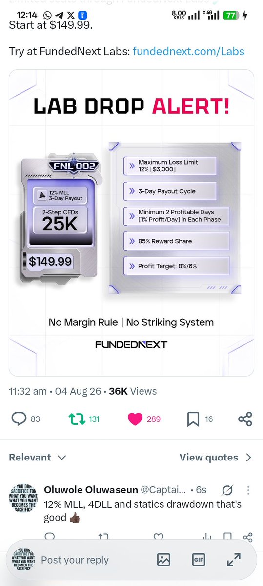 Captainoluseun's tweet photo. @FundedNext My favourite is 12% MLL, minimum 2 profitable days and 3days payout cycle. https://t.co/4DcASSkk5K