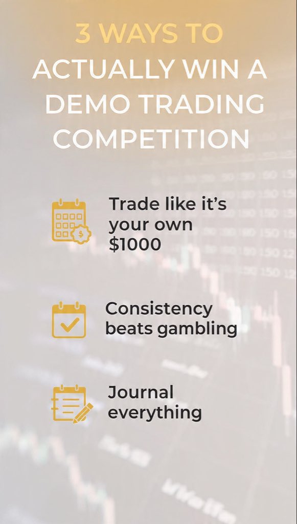 Markettruthbyab's tweet photo. 3 ways to actually WIN a demo competition

 1.  Trade like it’s $1000 of your own money. No 50% lot gambling
 2.  Consistency > spikes. Marathons from Aug 3-31 are won by steady profits, not 200% on Day 1
 3.  Journal every trade

https://t.co/R6tHH5Akqm
#tradingtips #demotrading https://t.co/vVSGQZZN81