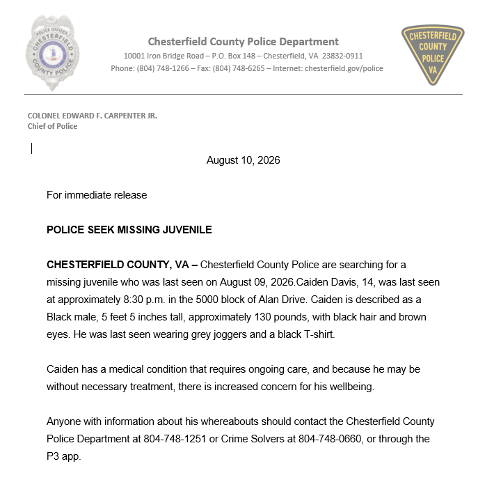 thornton36912's tweet photo. Police @CCPDVa are searching for 14-year-old Caiden @ChesterfieldVa who was last seen around 8:30pm on AUG 9 @oneccps @RichmondPolice @12OnYourSide https://t.co/XLnYnGMKS2