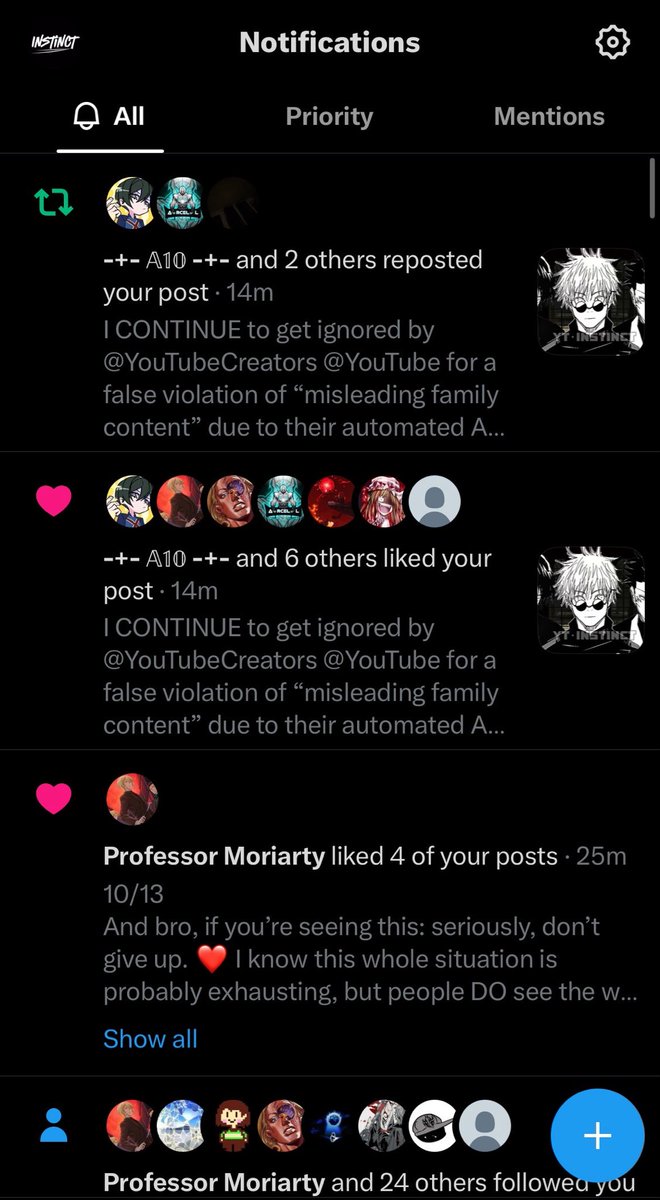 INSTINCTIVEWORL's tweet photo. Thank You to EVERYONE and I mean EVERYONE who reposted/liked/commented or anything else. 

YOU guys are the REAL reason why this is happening. I can’t express my happiness and gratitude enough. And because so, the INSTINCT Verse is back. 

To everyone still hit by this and demonetized, let what happened to me be an example and PROOF that it’s possible. All you need to do is KEEP GOING. 

KEEP pushing it out. Get exposure any way possible. Just don’t give up. 

If it worked with me I KNOW it can work for others. Just keep making videos, explaining the situation and one day. You WILL get a responses. Trust me. 

Thank you once again. Everyone. ❤️
