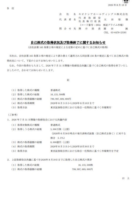 anela522's tweet photo. キオクシア（285A）が800億円の自社株買いをわずか6営業日でフル消化
異例の超スピード完了で上値の軽さは完成しました。この巨大資金通過後、次に大口が向かう「本命関連3銘柄」の分析シートはプロフ（固定ツイ）にまとめてあります📊

#285A #キオクシア #日本株 https://t.co/NU04sk4KmS