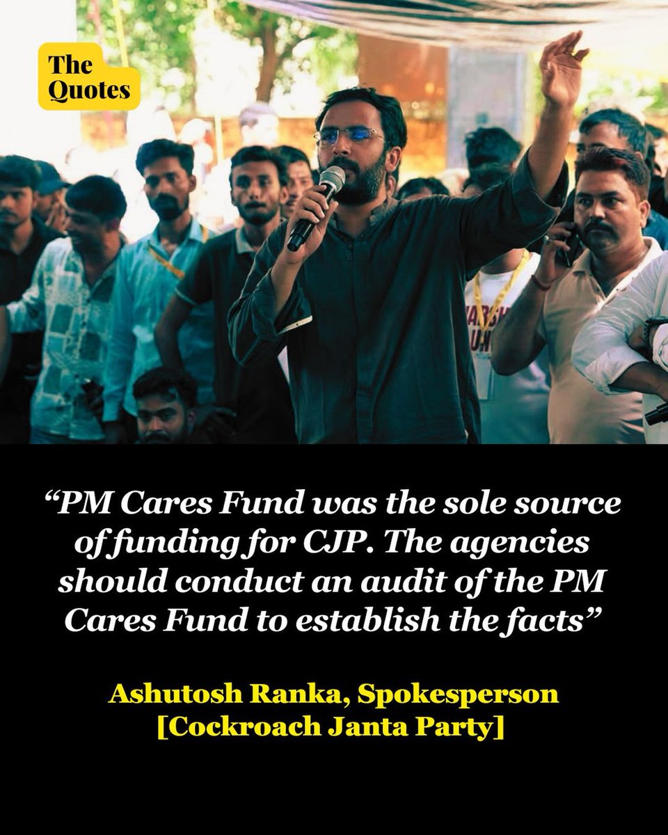 Kumarjyoti49291's tweet photo. “PM CARES Fund was the sole source of funding for CJP. The agencies should audit the PM CARES Fund to establish the facts,” said Ashutosh Ranka, spokesperson for the Cockroach Janta Party (CJP). https://t.co/vTVyDDRWwi