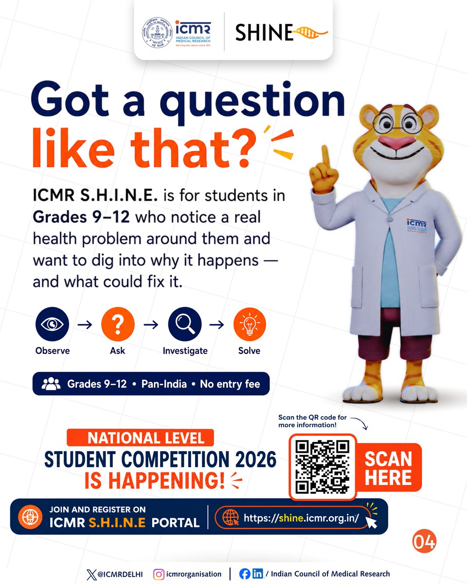 ICMRDELHI's tweet photo. Great science starts with everyday scientific mysteries!🔍

Calling Grades 9-12 innovators for ICMR #SHINE National Level Student Competition 2026.
Observe, Ask &amp; Solve💡🔬

Registration Open 11 Aug 2026
🔗https://t.co/msh1SID8f1

#SHINE2026 #SHINEatICMR #Curiosity https://t.co/sjlxI9RjEq