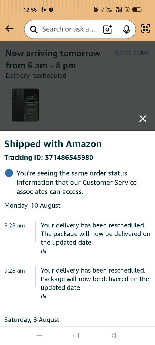 PawanAwana18's tweet photo. @amazon @amazonIN I had placed a phone order on 5th August which has not been delivered to me yet. I got a call on 7th from the delivery boy saying that he will be coming in 10 minutes. It has been 3 days. Such a bad service and customer care of Amazon. https://t.co/8KOnTr0PK7