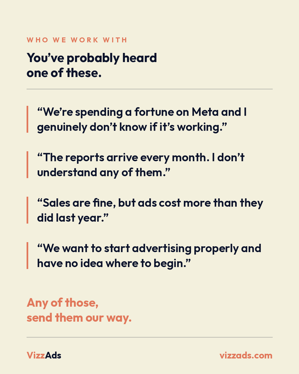 VizzyAds's tweet photo. You've probably heard one of these:

"We're spending a fortune on Meta and I don't know if it's working."

"The reports arrive every month. I don't understand any of them." https://t.co/QPsxcBoPGc
