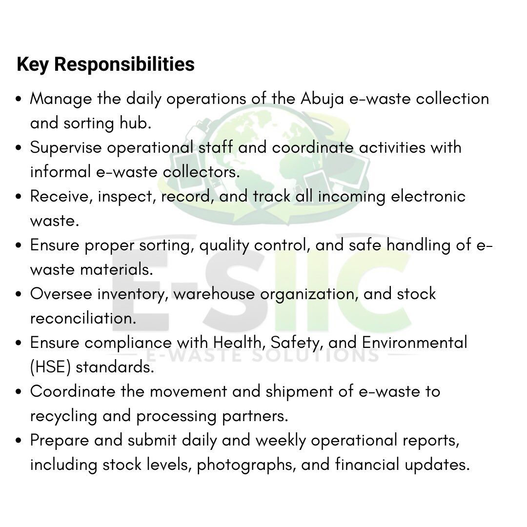 E_SiiC's tweet photo. We’re looking for an experienced and driven Operations Manager to join our team and lead the day-to-day operations of our e-waste collection and sorting hub in Abuja. If you have strong leadership, warehouse/operations, and team-management skills, we’d love to hear from you. https://t.co/3y0pkWGxwu