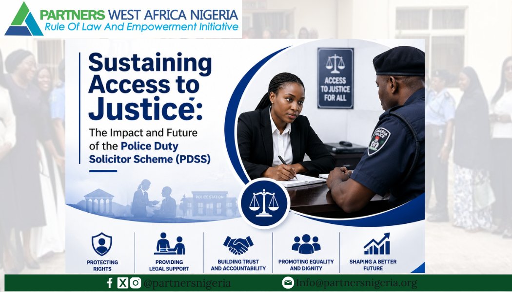 partnersnigeria's tweet photo. What happens when a lawyer walks into a police station before a suspect ever sees a courtroom?

For many detainees, that simple intervention can mean the difference between prolonged detention and access to justice, between abuse going unnoticed and a violation being stopped.

The Police Duty Solicitor Scheme (PDSS) has shown that early access to legal representation can do more than protect detainees. It can improve police conduct, strengthen case handling, reduce rights violations, and build trust between citizens, lawyers, and the police.

But there is an important question we must ask:

In our latest blog, by Nana-Hauwa Isa, Programme Officer at Partners West Africa Nigeria (PWAN), reflects on the journey of the PDSS, the lives it has touched, the challenges it has overcome, and what it will take to ensure its impact continues.

Read the full story: https://t.co/lRLWl3nAuI

Access to justice should not be a temporary intervention. It should be a permanent feature of a fair and accountable justice system.

#Partnernigeria #PDSS #AccessToJustice #RuleOfLaw #PoliceReform #JusticeForAll #PWAN #HumanRights #Nigeria #Police