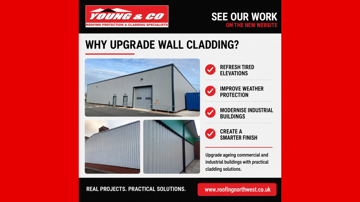 YoungCoRoofing's tweet photo. Why upgrade wall cladding?
β Refresh tired elevations
β Improve weather protection
β Modernise industrial buildings
β Create a smarter finish
π https://t.co/LJpyxiW8hb
#WallCladding #IndustrialCladding #YoungAndCo https://t.co/PjHLdXMLKU