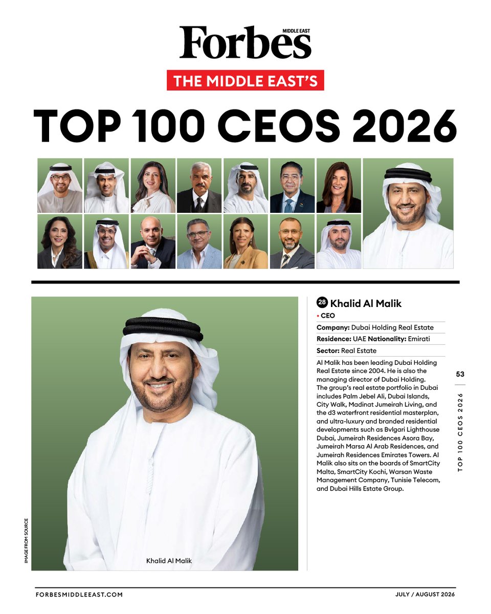 DubaiProperties's tweet photo. Our CEO Khalid Al Malik is listed in @ForbesME's Top 100 CEOs, recognising the region's most influential business leaders. His leadership has been key for the expansion and consolidation of the Dubai Holding Real Estate portfolio. 

More details here: https://t.co/ppBim9y3gr https://t.co/rBZvJlsxNE