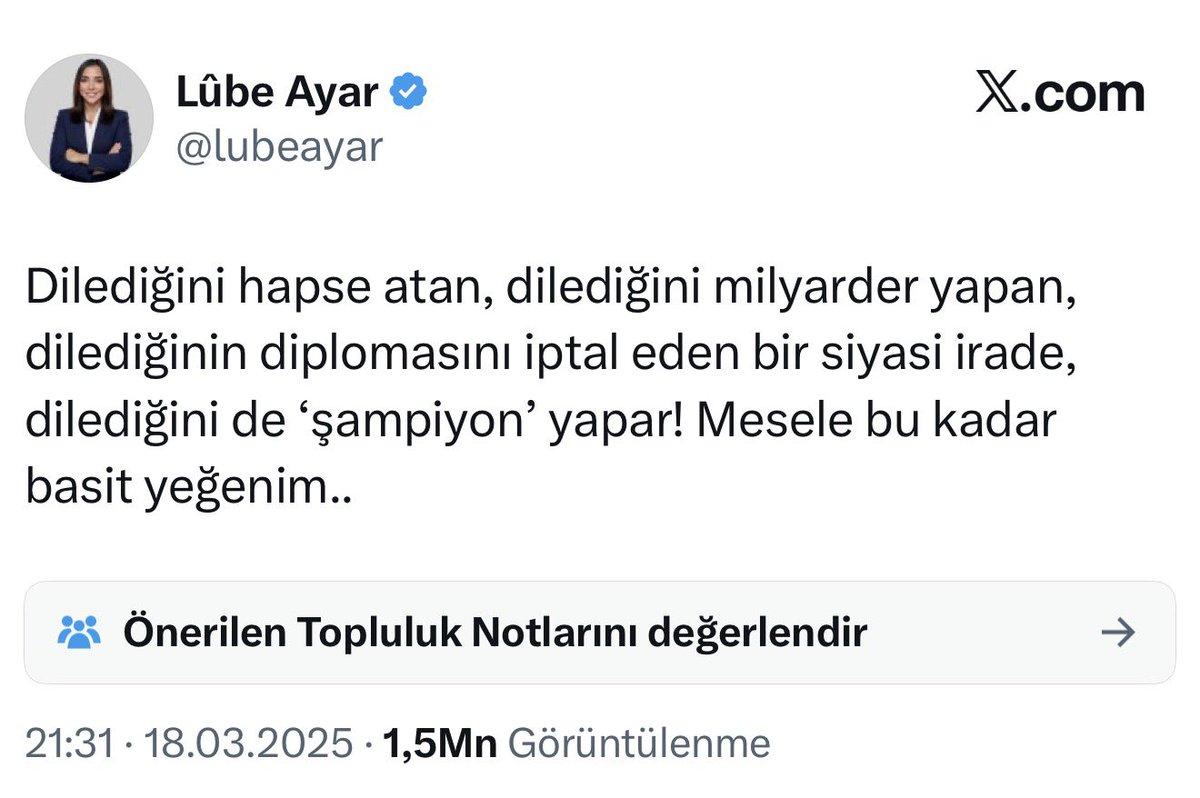 zcakir27's tweet photo. Galatasaraylı Burhan Can Terzi’nin, “Musiala’nın Galatasaray’a transfer olacağı” haberi Galatasaray tarafından yalanlandı diye BCT, “halkı yanıltıcı bilgiyi alenen yayma” suçundan gözaltına alınıyorsa
Fenerbahçeli Lube Ayar’ın sayın Erdoğan ve AK Parti iktidarı için “dilediğini hapse atma, dilediğini milyarder yapma, dilediğinin diplomasını iptal etme, dilediğini şampiyon yapma” iddiası için sayın Erdoğan ve AK Parti “doğrulama” açıklaması mı yaptı da bu müfteriye dokunulmuyor? 

Üstelik BCT’nin iddiası, transfer iddiası içeren sıradan bir haber. McLube’nin iddiası ise Cumhurbaşkanına doğrudan bir suçlama.
Üzerinde sarı-lacivert forma olanlar için bu ülkede Cumhurbaşkanına iftira dahil suç işleme özgürlüğü mü var?