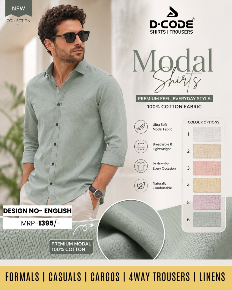 DcodemenTrouser's tweet photo. Sharp, fresh &amp; effortlessly stylish in every detail. ✨
Visit D-CODE for your perfect look.

#DCODE #MensFashion #MensStyle #ShirtStyle #SmartCasual #FashionTrend

{DCODE ,MensFashion ,MensStyle ,ShirtStyle ,SmartCasual ,FashionTrend} https://t.co/xh0nNSsh9n