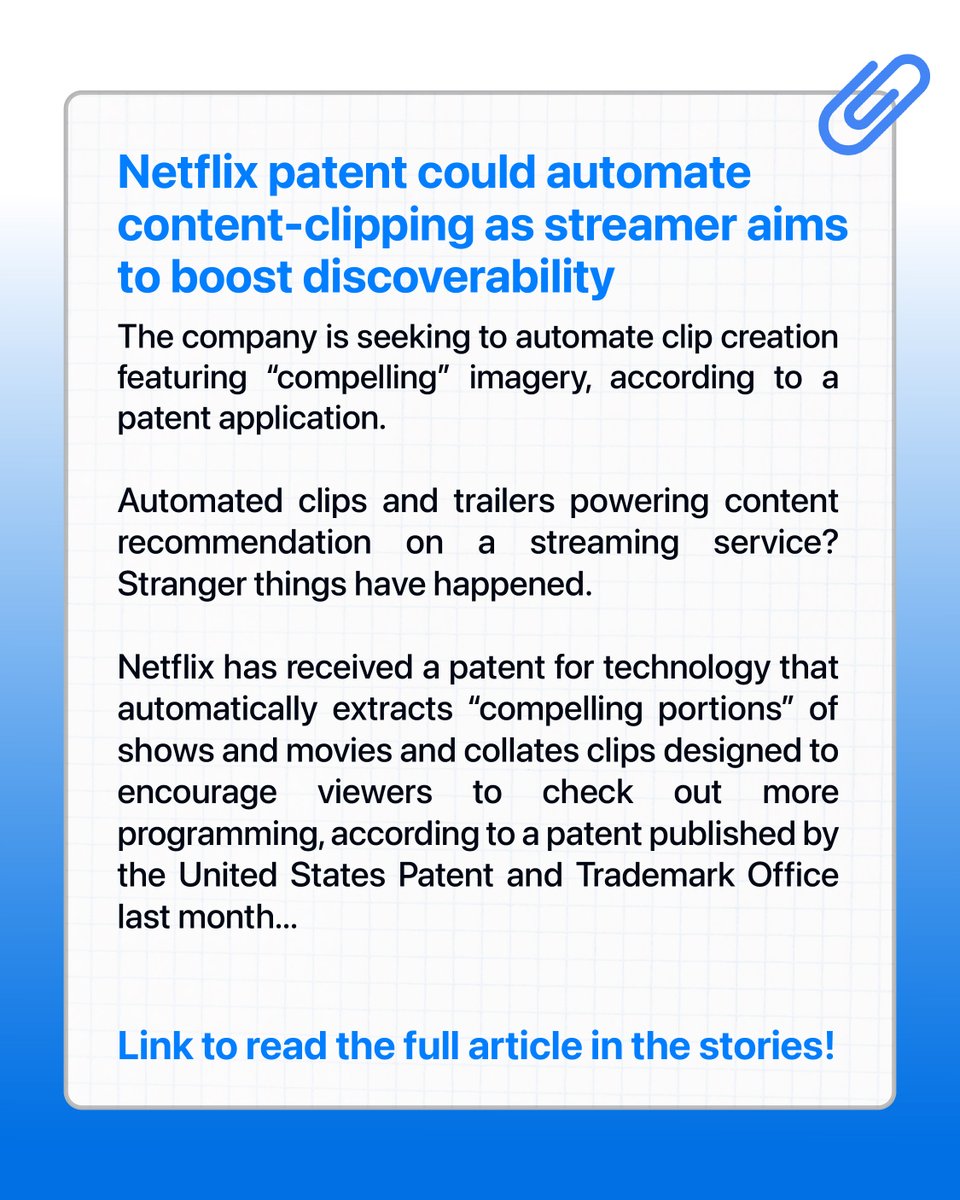 KlippifyApp's tweet photo. Netflix just confirmed what many creators have been experiencing for years. According to a recently published patent, the company is exploring technology to automatically identify the most compelling moments from movies and shows and turn them into clips to improve content discovery.

That says a lot. The biggest streaming platform in the world isn't just investing in producing content.

It's investing in distributing it through clips. We believe this reflects a much broader shift.

Long-form content is no longer the final product. It's the source material. The real distribution happens through short-form clips that introduce content to millions of people who would never have discovered it otherwise.

Whether you're a creator, a brand, or a media company, one thing is becoming increasingly clear:

Attention is won one clip at a time. What do you think, will automated clipping become the new standard?

Full article: https://t.co/7aToz0VEVL