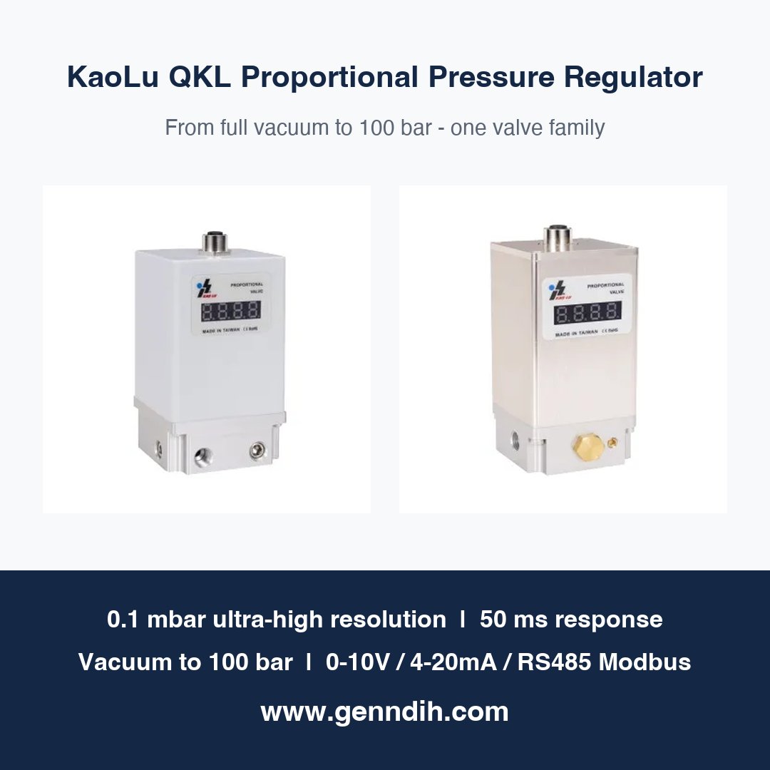 genndih's tweet photo. One valve family, vacuum to 100 bar 🌪️ KaoLu QKL proportional pressure regulator: 0.1 mbar resolution, 50 ms response, RS485 Modbus. German Design Award 2025 winner 🏆

https://t.co/aTdC3jhlC9
#PressureRegulator #Engineering https://t.co/3vhkq6ddgj