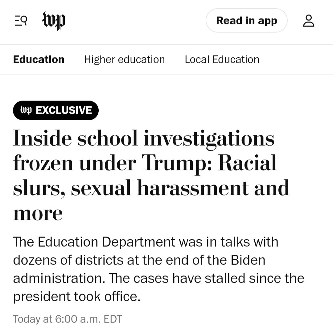 GBBranstetter's tweet photo. Trump's Dept. of Education has "indefinitely frozen" investigations into civil rights violations at schools - including reports of racist abuse of Black students and sexual abuse of female students - so the Office of Civil Rights can instead focus on banning transgender athletes https://t.co/I1qT0fzTcM