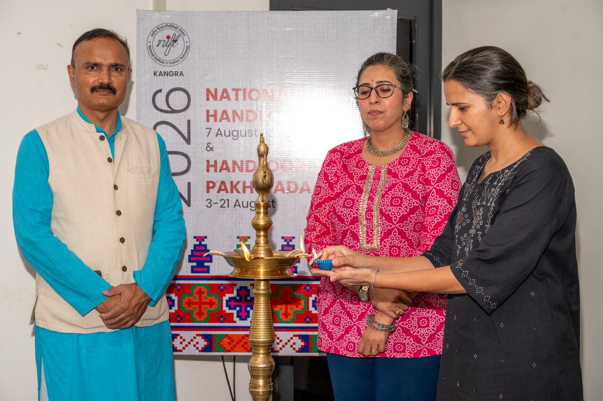 NiftKangra's tweet photo. NIFT Kangra celebrated #NationalHandloomDay on 7 Aug 2026, honouring India’s rich handloom heritage. The event featured an engaging session with Ms Avani Pandya, Founder, Yoshita Craft Studio, along with faculty showcases and handloom attire. #MyHandloomMyPride #NIFTKangra https://t.co/IvLHp1ppKl