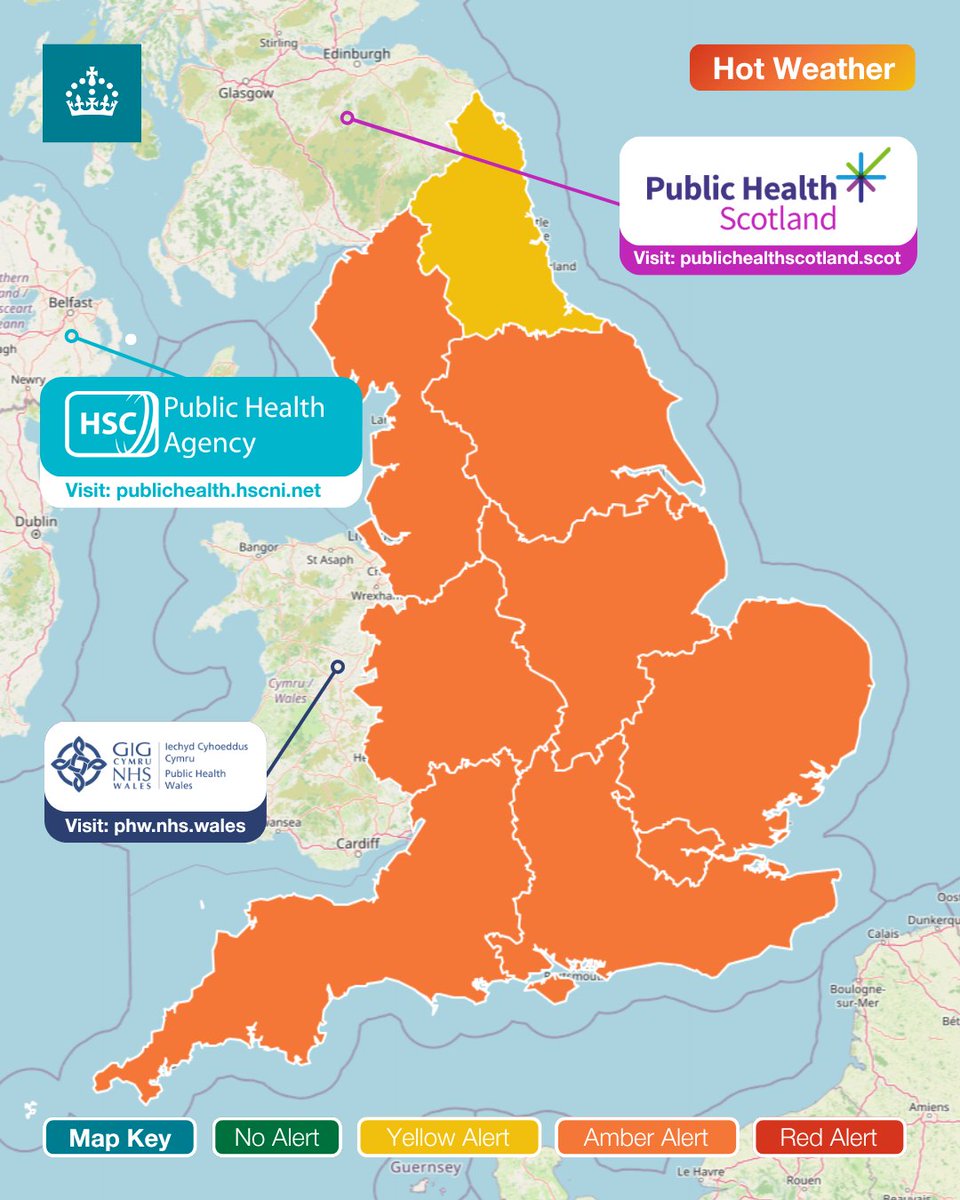 UKHSA's tweet photo. ⚠️ An Amber Heat-Health Alert has been issued across a majority of England, while the North East is under a Yellow Alert. These alerts are in place from 9am on Tuesday 11 August until 9am on Friday 14 August. https://t.co/nZwSp0bFCu