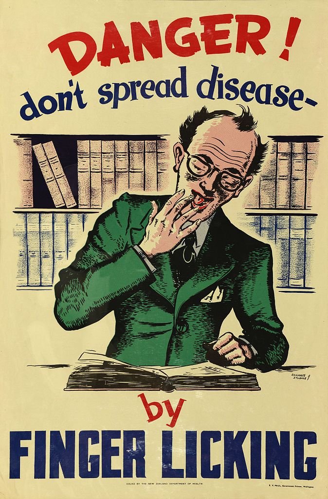 PulpLibrarian's tweet photo. "Don't spread disease by finger licking." A New Zealand public health poster, circa 1950s. https://t.co/idKcg5IF1M