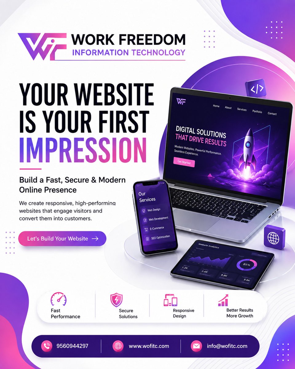 workfreedomit's tweet photo. 🌐 Your Website Is Your First Impression. Make It Count! 🚀

Get a fast, secure &amp; responsive website designed to engage visitors, build trust &amp; drive business growth.

👉 Build your website today: https://t.co/QVAk6aNZ5v

📞 9560944297
#WebDevelopment #WebDesign #SEO https://t.co/jsRuo0OPpr
