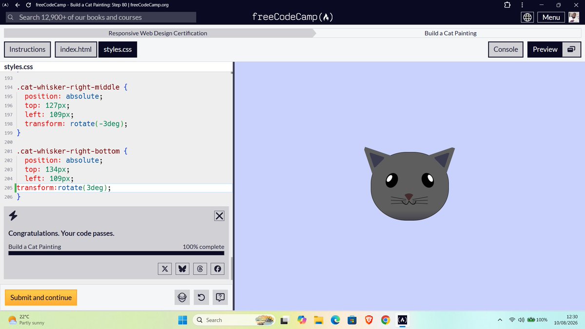 Trust_worthy_'s tweet photo. Kickstarting the day with a live deployment on Vercel! 🖥️🚀 Just hit 100% on @freeCodeCamp's CSS Cat Painting art challenge.🌐 Live Link: https://t.co/yA1ifHdFX1 this vector illustration from scratch. #100DaysOfCode #WebDesign #HTML #CSS #CSSArt #Vercel #BuildInPublic https://t.co/PzMJWyMJu0