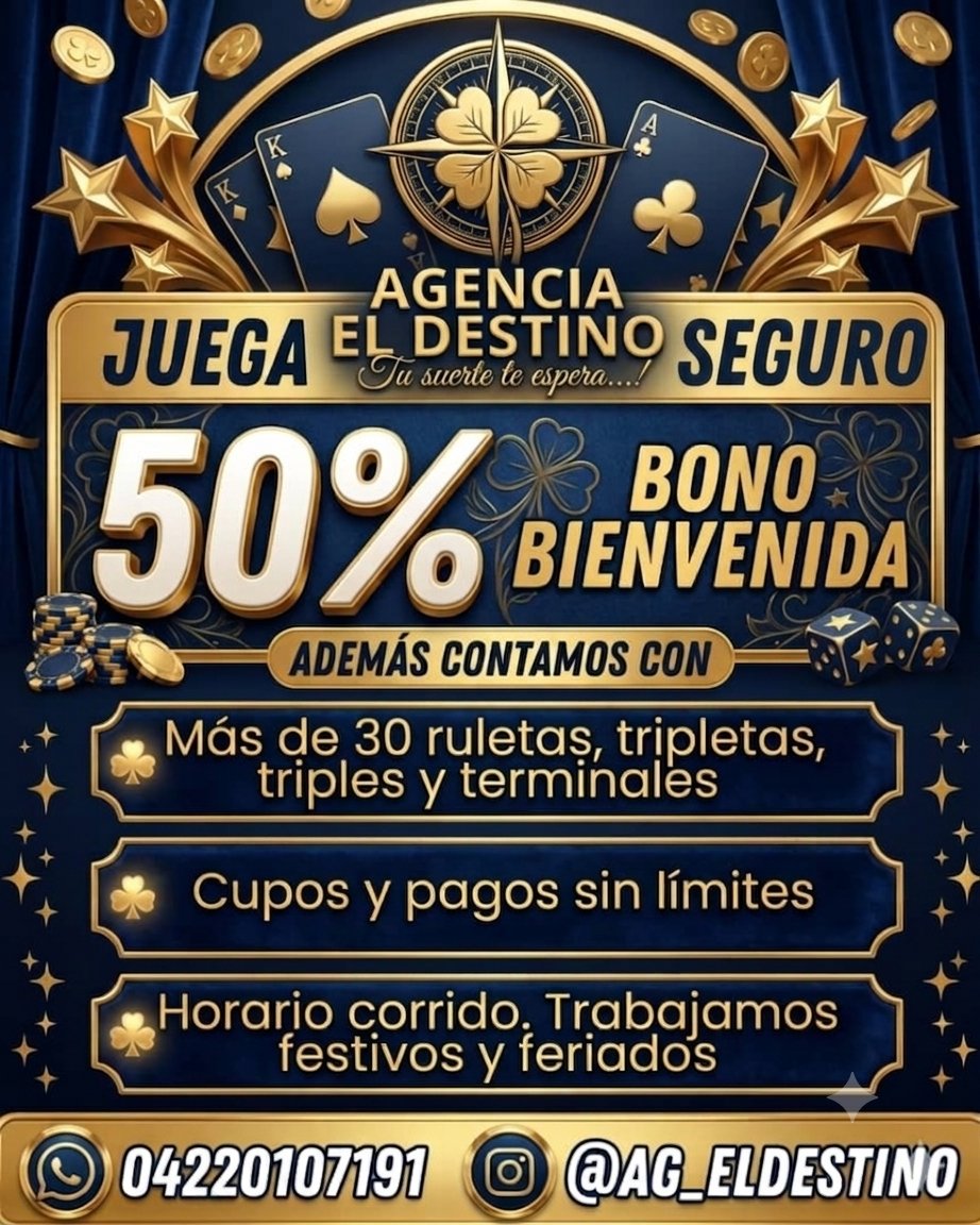 ExitoDatos's tweet photo. *Ag el Destino*, _tu suerte te espera._

Tenemos una gran variedad de ruletas, triples y tripletas. Adicional contamos con excelentes cupos y pagos inmediatos 

Qué esperas? Juega en *Ag el Destino*

*Instagram*
https://t.co/MIogtzncZL

https://t.co/6wiREl9NAn https://t.co/ZXbMoh9gQS