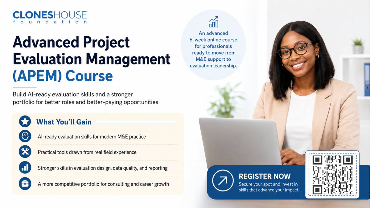 cloneshouse_f's tweet photo. #APEM starts Aug 17!
Are your #evaluation skills ready for whatโs next?
Build AI-ready skills, strengthen your portfolio, & learn to design, manage, report, & use evidence with confidence.
โ 6 weeks
โ #OnlineLearning
โ #PracticalLearning
#ApplyNow: https://t.co/ewlMOKakFH https://t.co/SxHHwlbhZ2