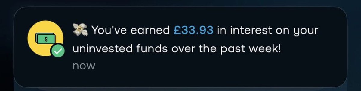 MariuszxInvests's tweet photo. Nice message from T212

£33.93 on uninvested cash this week.

More than X paid me all last month.
😂😂 https://t.co/opDkJdkDzb