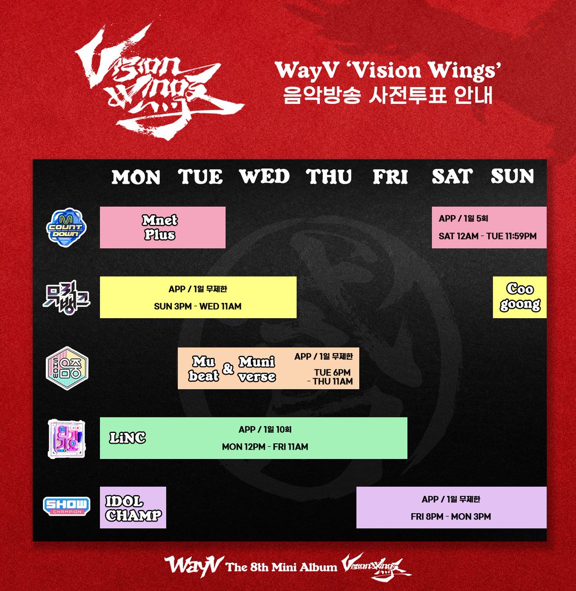 WayV_Airlines's tweet photo. WayV 'Vision Wings' Music Show Pre-Voting Guide

1) M Countdown 
Pre-Voting App: Mnet Plus - Pre-voting opens: August 15 (Sat) 12AM KST

2) Music Bank 
Pre-Voting App: coogoong Pre-voting opens: August 16 (Sun) 3PM KST

3) Show! Music Core 
Pre-Voting Apps: Mubeat, Muniverse
Pre-voting opens: August 18 (Tue) 6PM KST

4) Inkigayo 
Pre-Voting App: LinC
Pre-voting opens: August 10 (Mon)

5) SHOW CHAMPION 
Pre-Voting App: IDOL CHAMP Pre-voting opens: August 14 (Fri) 8PM KST

🔗 https://t.co/nGBv81SnEV

WAYV VISION WINGS OUT NOW
#WayV_VisionWings