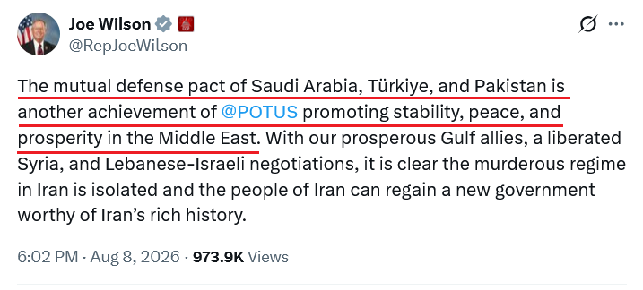 YasinAslanTrk1's tweet photo. Amerika Kongre Üyesi Joe Wilson İtiraf Etti: 'Mekke Ortak Savunma Antlaşması Trump'ın Başarısıdır!' Öngörülerimiz %100 Doğrulanmıştır!
Wilson dünkü resmi açıklamasında; 'Mekke Antlaşması'nın doğrudan Trump'ın Ortadoğu planlarının bir "başarısı" olduğunu açıkça ilan etmiştir! 
Bu itiraf, Mekke Anlaşması’nın ilk saniyeden beri "Amerika ve İsrail’in sinsi bir dayatması" olduğuna dair tüm deşifrelerimizi sarsılmaz şekilde doğrulamıştır!
Wilson, bu sinsi Anlaşma sayesinde katil İran rejiminin tamamen izole edildiğini belirterek, küresel tröstlerin kendi askerlerinin kanını akıtmak yerine bizim ordularımızı sıcak cephe hatlarına taşeron olarak sürme planını resmen faş etmiştir!
İşte bu kurmşun geçirmez itiraf, zihinleri meşgul eden o can alıcı soruyu önümüze koymaktadır: Yarın Türkiye ile İsrail arasında sıcak bir savaş çıkması halinde; ipleri tamamen Washington ve Tel Aviv'in elinde olan, coğrafi ve finansal olarak felç durumdaki Suudi Arabistan, Türkiye'ye mi destek verecek yoksa sinsi Anlaşma ortaklığına rağmen İsrail'in yanında mı yer alacaktır? Cevap bizzat bu Kongre üyesinin itiraf metninde gizlidir!