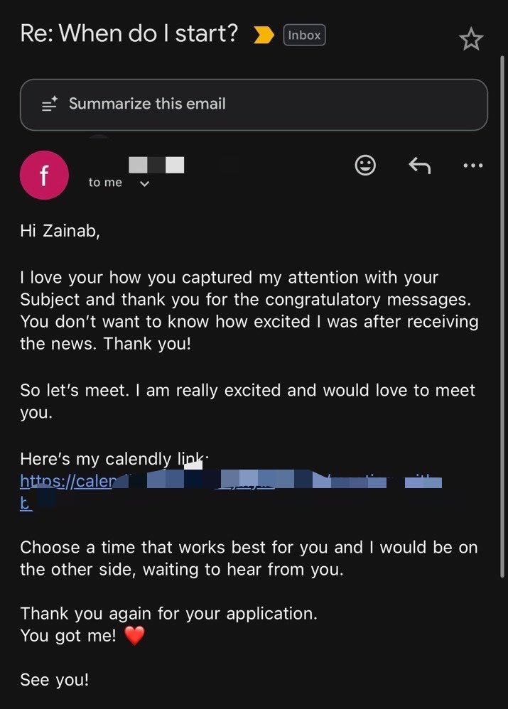ZeeTheVA's tweet photo. I applied for a job and got a response in less than an hour.
 
One different thing I did was RESEARCH!

I went through their page, I did this just to get a basic understanding of who they are, and what they do, basically something I could connect with.

So instead of sending a generic mail like “ Dear Hiring Manager” or “Dear Recruiter”. 

I personalized my mail from the subject line to the body.

It got their attention and they responded in less than an hour.

I sent the email by 1:03pm, and their email came at 1:44pm, do the maths.

Take this as a sign to personalize your emails.

Research before reaching out, it makes a difference.