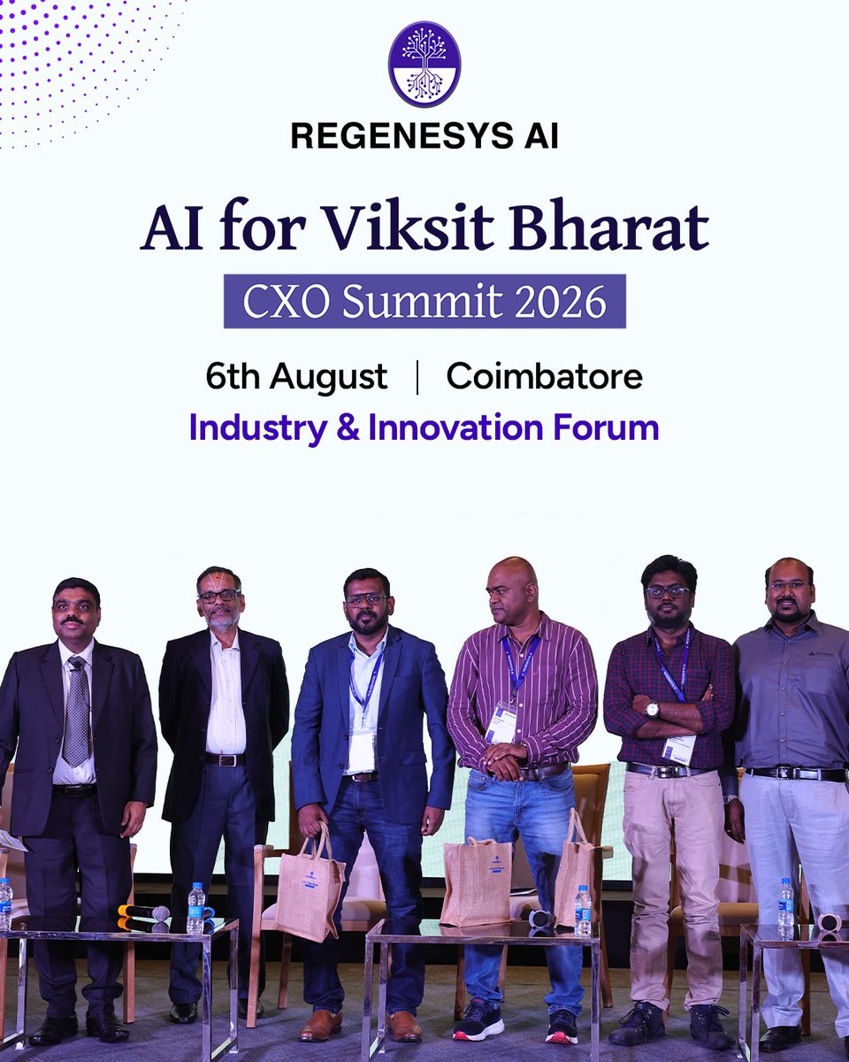 regenesys_ai's tweet photo. AI innovation is no longer driven only by large enterprises. At the #AIForViksitBharat CXO Summit 2026 in Coimbatore, founders &amp; industry leaders explored how regional ecosystems, governance, security &amp; collaboration can shape India’s AI future.

#RegenesysAI #Coimbatore https://t.co/0eOABRMXKO