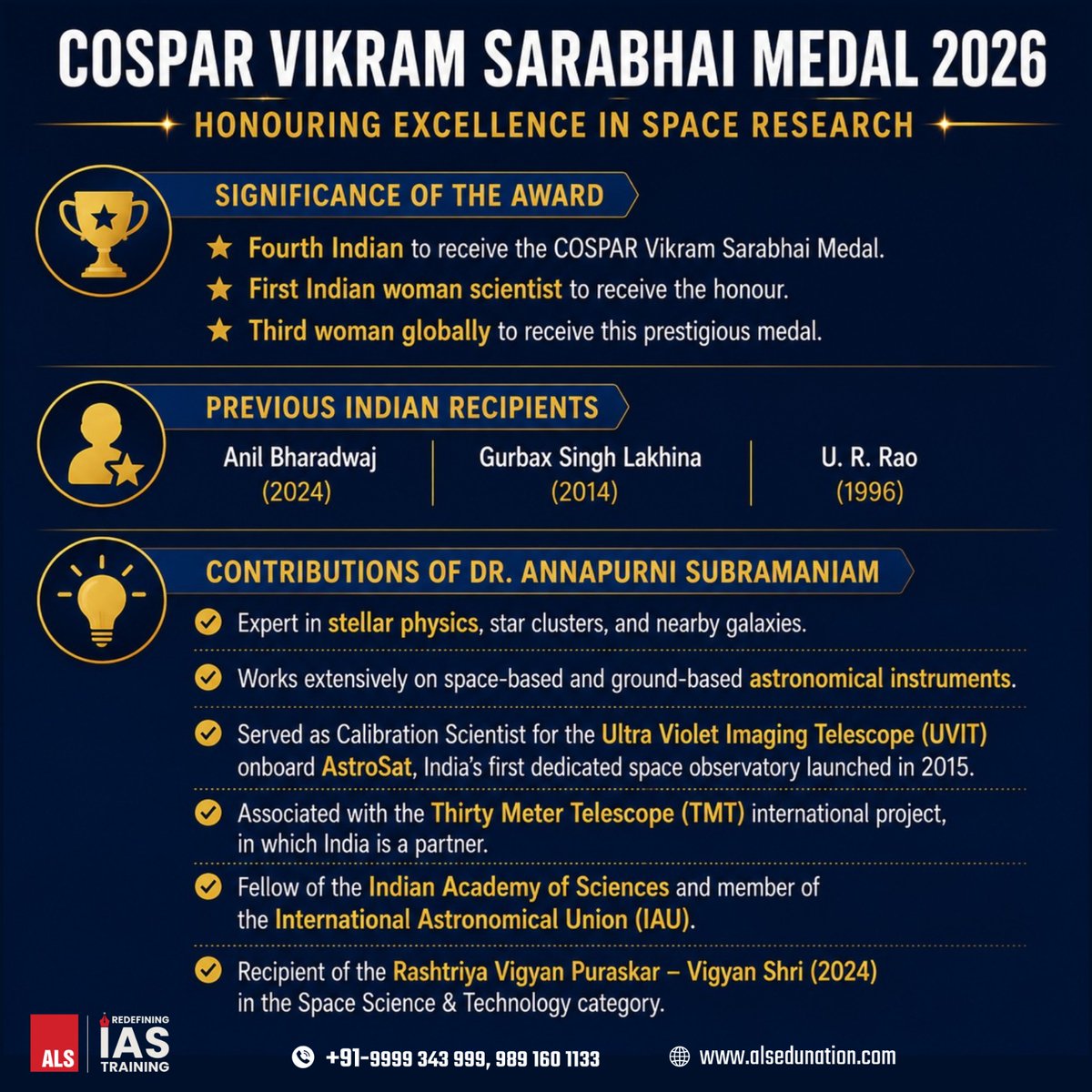 ALS_IAS's tweet photo. #Vikram #Sarabhai #Medal 2026 – Dr. Annapurni Subramaniam
Astrophysicist Dr. #Annapurni #Subramaniam, Director of the Indian Institute of Astrophysics (IIA), has been awarded the COSPAR Vikram Sarabhai Medal 2026 for outstanding contributions to space research.
#ALSIAS #UPSC https://t.co/2FRdFVpdeM