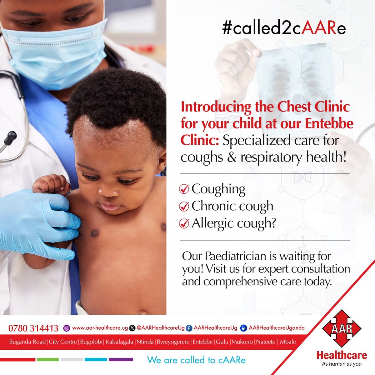 AARHealthcareUg's tweet photo. Is your child’s cough lingering?

Visit the new Paediatric Chest Clinic at Entebbe Clinic.

Our paediatrician provides expert care for acute, chronic &amp; allergic coughs.

Gentle, thorough, and just for kids.

Walk in today!
#ChildHealth #EntebbeClinic https://t.co/Qa8ElXjvwy
