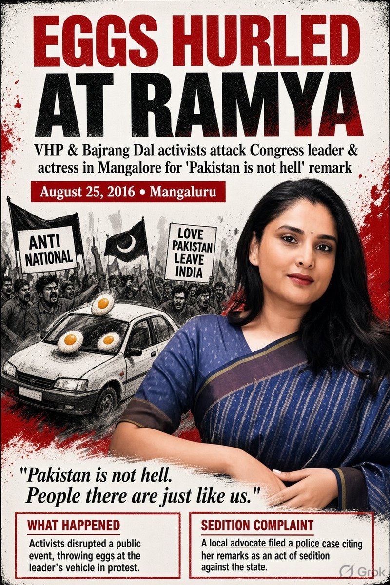 ChekrishnaCk's tweet photo. @divyaspandana was attacked with eggs by VHP and Bajrang dal. 

She got death threats and charged under sedition for her comment on Pakistan. 

Why no outrage now? Why no sedition charge against RSS 's Mohan Bhagwat? https://t.co/Ob9Vc92tAO