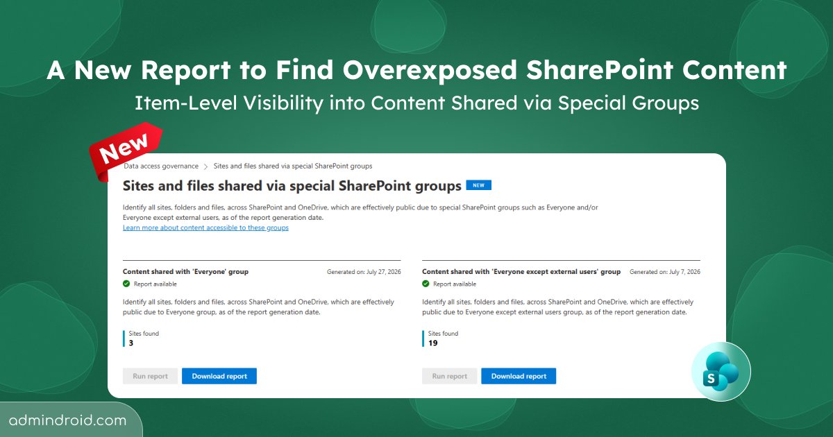 AdmiinDroid's tweet photo. 🚨#Microsoft is rolling out a new #SharePointOnline report: Sites & Files Shared via Special Groups.
Using this, you can now see all sites, files & folders shared with 'Everyone' & 'Everyone except external users' groups.
👉https://t.co/MTa2Bb61pV
#Microsoft365 #AdminDroid https://t.co/cYsn4SdRvY