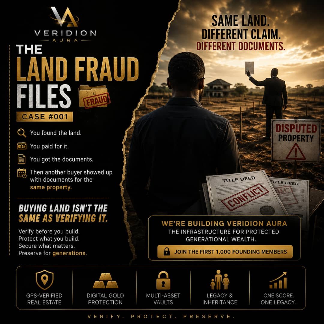Veridionaura's tweet photo. THE LAND FRAUD FILES #001

You found the land.
You paid for it.
You got the documents.

Then another buyer showed up with documents for the same property.

Buying land isn't the same as verifying it.
We're building for this.

Join the wait-list, link under comment section. https://t.co/X7UA6UmiMX
