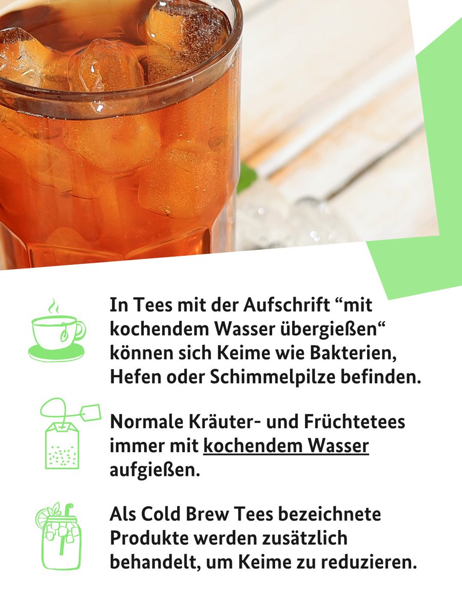 BVL_Bund's tweet photo. ❄️ Ob als Teebeutel oder Pulver: Cold Brew Tees lassen sich einfach mit kaltem Wasser zubereiten. Wichtig dabei: Nur Tees verwenden, die als „Cold Brew“ oder „kalt aufgießbar“ gekennzeichnet sind. Denn: Beim kalten Aufgießen werden eventuell vorhandene Keime nicht abgetötet. https://t.co/p3JiKhGXGi