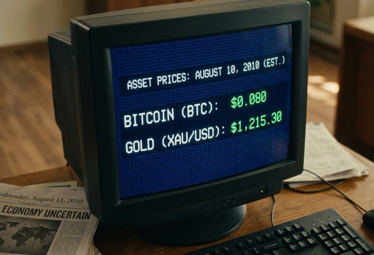 Masha_Trader16's tweet photo. POV: You just unlocked a time machine to August 2010! 🕰️✈️
Gold is trading at $1,215 💰 and Bitcoin is literally $0.08! 🤯🚀
If you had $1,000 back then, what would you have done? Be honest! 🤔👇
1️⃣ Gold (Play it safe) 🛡️🧱
2️⃣ Bitcoin (Take the risk, change your life) 💎🧠. https://t.co/iRtUJ4vleN
