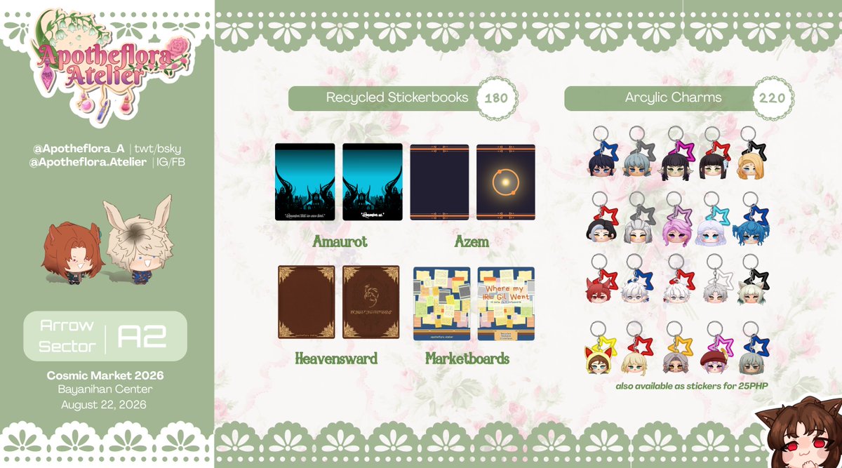 Apotheflora_A's tweet photo. Here's my catalogue for @helloworldxivph 's Cosmic Market 2026!

Come drop us a visit for small talks, purchases, and even WoL Exchange!  We're at A2 (Arrow Sector).

TTC and Sticker Illustrations for WoLExchange is made by @BetterOniphobia  (twt/x)!

#CoMetMNL2026

(1/2) https://t.co/bSrqU39X4e