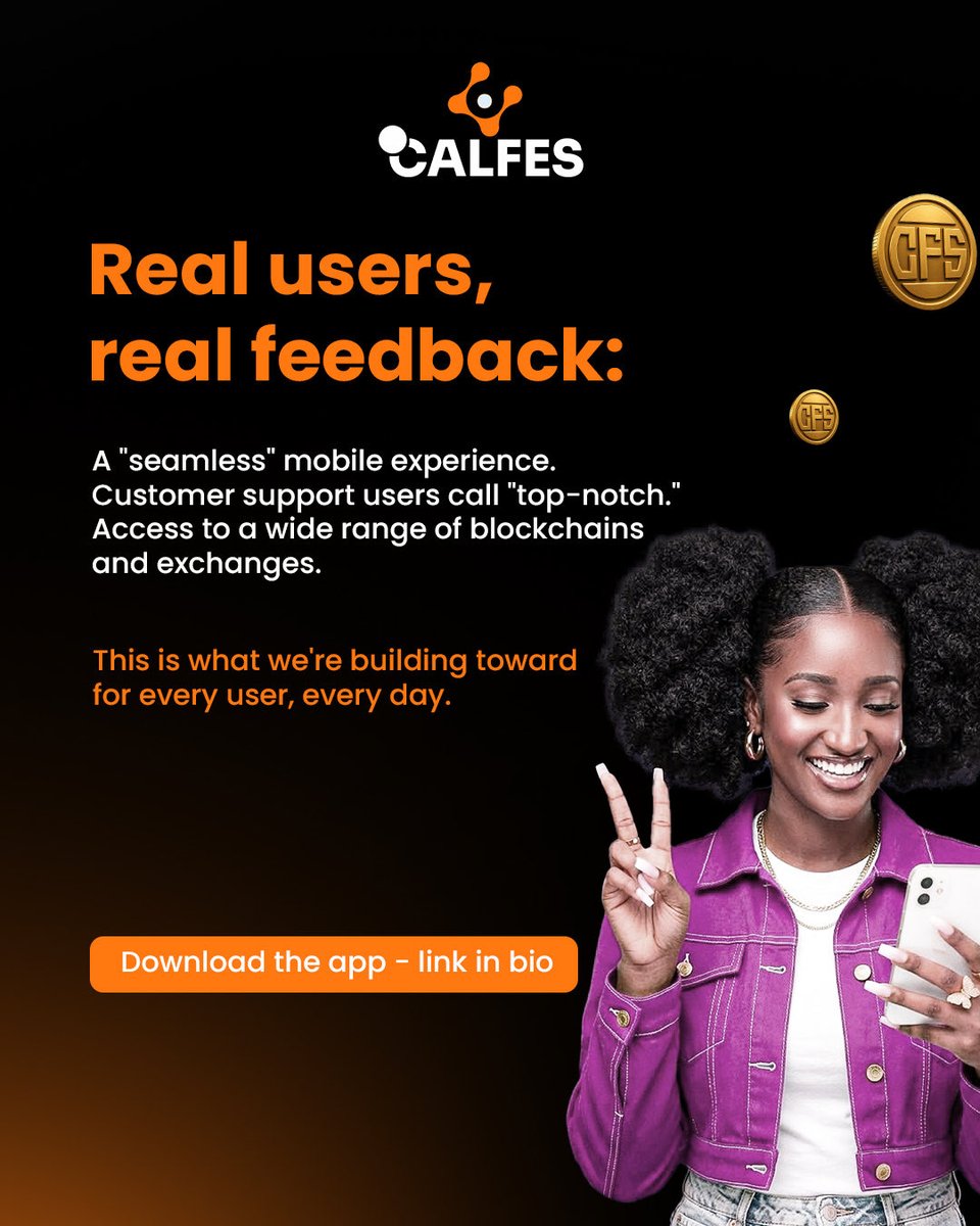 calfeswallet's tweet photo. Real users, real feedback:

A "seamless" mobile experience.
Customer support users call "top-notch."
Access to a wide range of blockchains and exchanges.

This is what we're building toward for every user, every day.
Download the app → link in bio
#Calfes #CryptoAfrica #Web3Africa